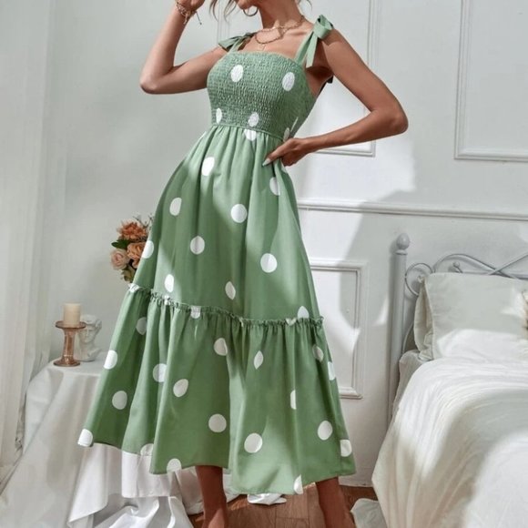 . Dresses & Skirts - Green Polka Dot Tie Shoulder Cami Dress